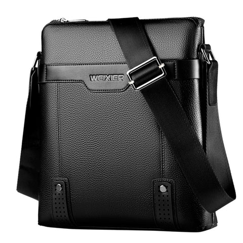 color black PU leather crossbody bag for men slightly facing side view, showing his brand name WEIXIER