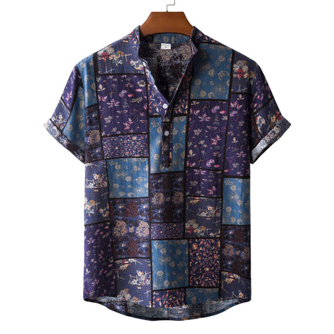 Casual Linen Floral Short Sleeve Shirt Men