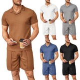 Conjunto de 2 peças de camisa polo masculina com gola em V e lapela de manga curta, terno masculino estilo waffle, camiseta casual da moda, verão