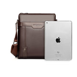 brown leather bag for men with iPad in front of it to show that this PU leather bag for men can carry size like iPad