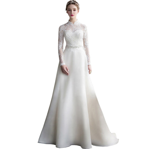 Satin Light Wedding Dress Long Sleeve Banquet Gown