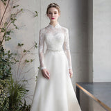 Satin Light Wedding Dress Long Sleeve Banquet Gown