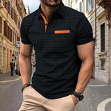 Camisa polo esportiva masculina xadrez jacquard com botão