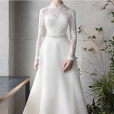 Satin Light Wedding Dress Long Sleeve Banquet Gown