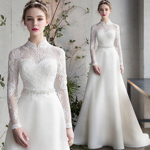 Satin Light Wedding Dress Long Sleeve Banquet Gown